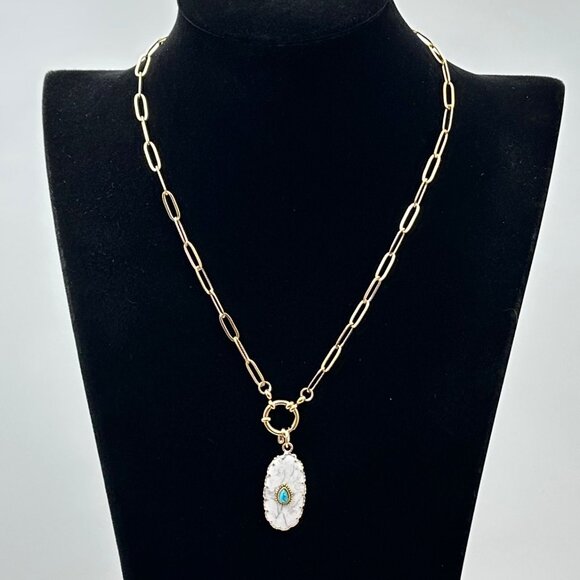 Howlite Turquoise Gemstone Pendant Necklace 18K Gold Plated Chain 17 Inch - Picture 7 of 8